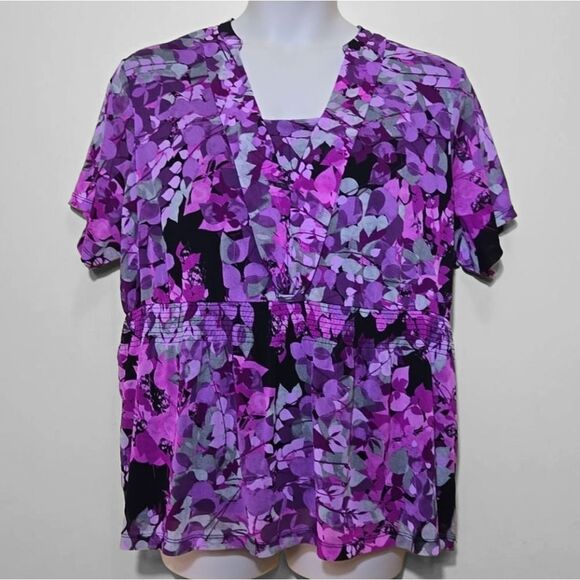 Croft & Barrow Floral Babydoll Blouse Y2K Mesh Lined Purple Black Plus Size 2X - Picture 1 of 12